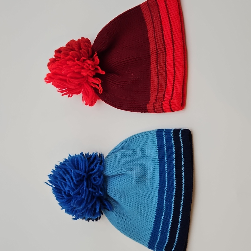 Vintage Kids Pom-Pom Knit Hat Winter  Blue and Red 80s 90s Hats